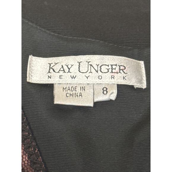 KAY UNGER Black Lace Overlay Bodice V Neck Knee Length Cocktail Dress Women's 8 - Picture 5 of 12